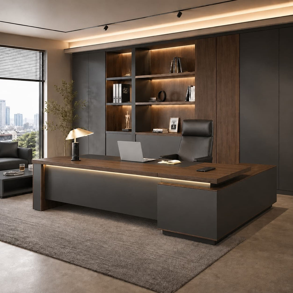 Walnut L-Shaped Executive Desk with Power and Storage – product image 2