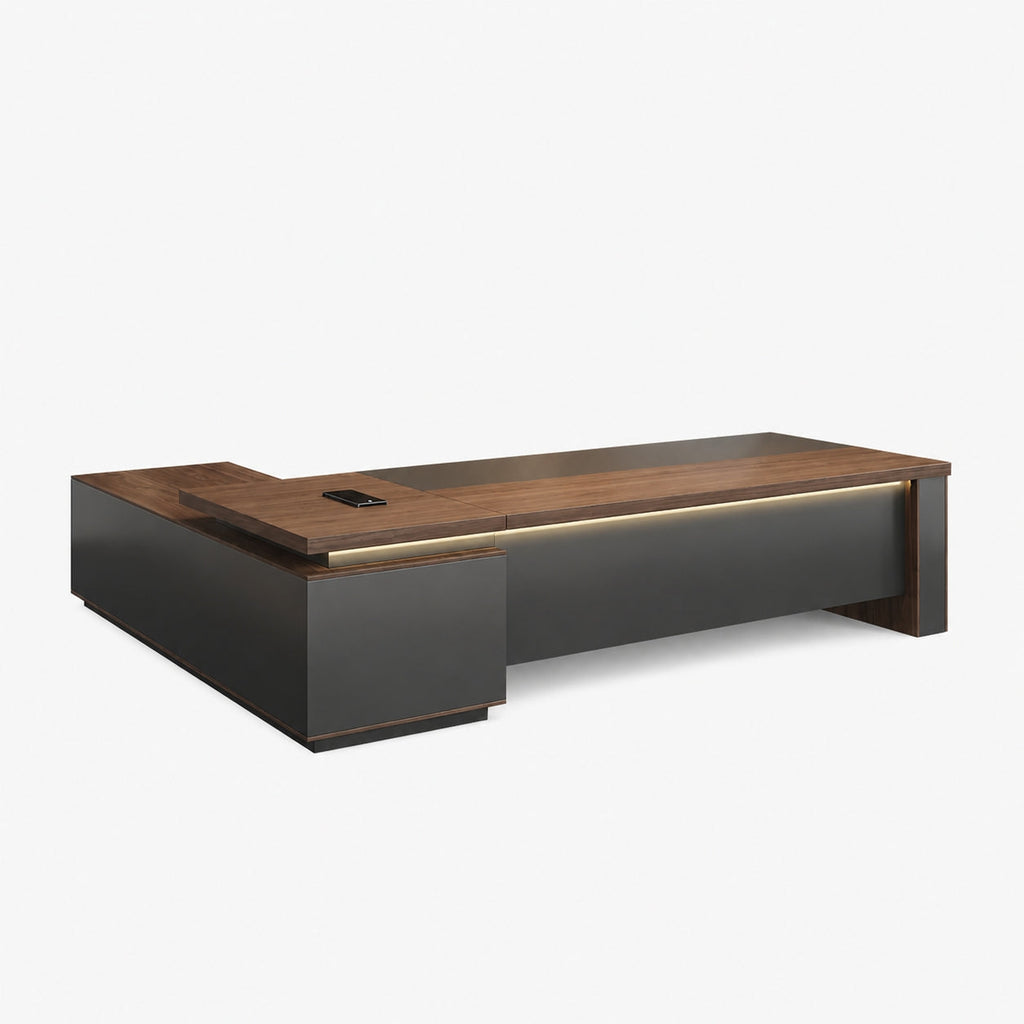 Walnut L-Shaped Executive Desk with Power and Storage – product image 1