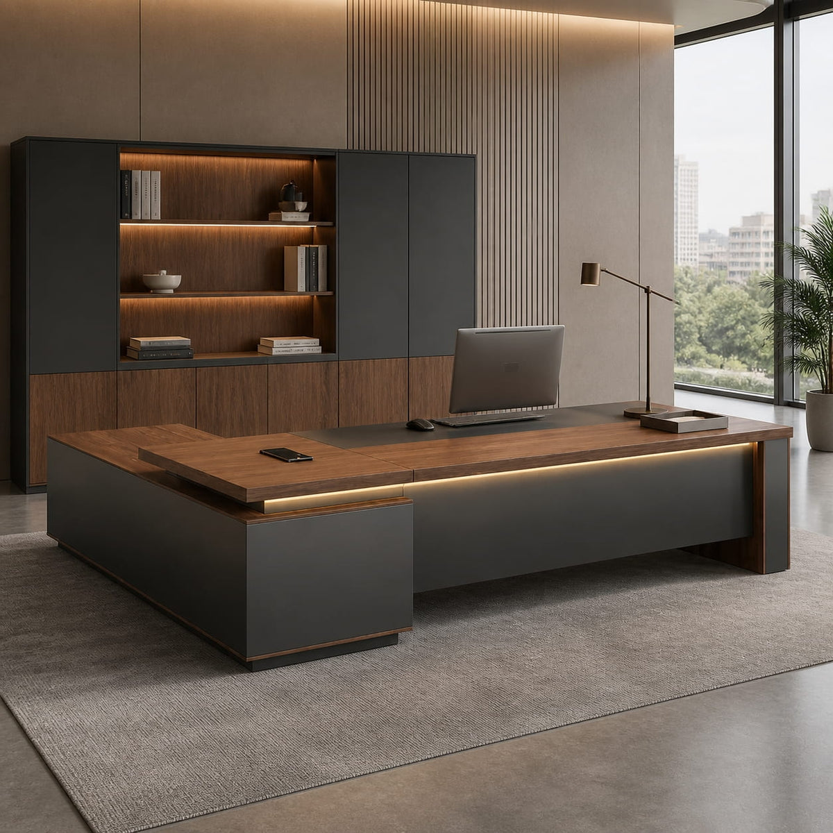 Walnut L-Shaped Executive Desk with Power and Storage – product image 12