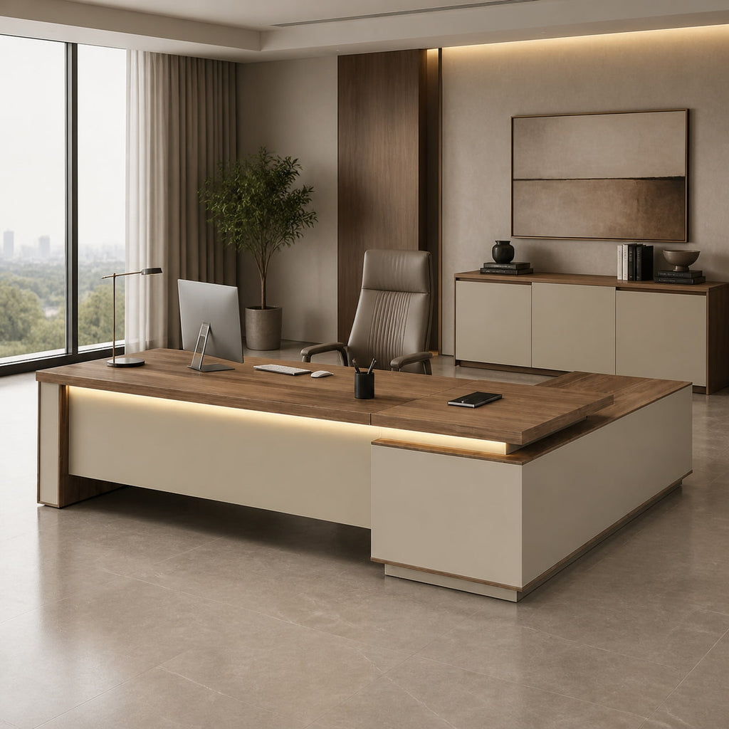 Walnut L-Shaped Executive Desk with Power and Storage – product image 13