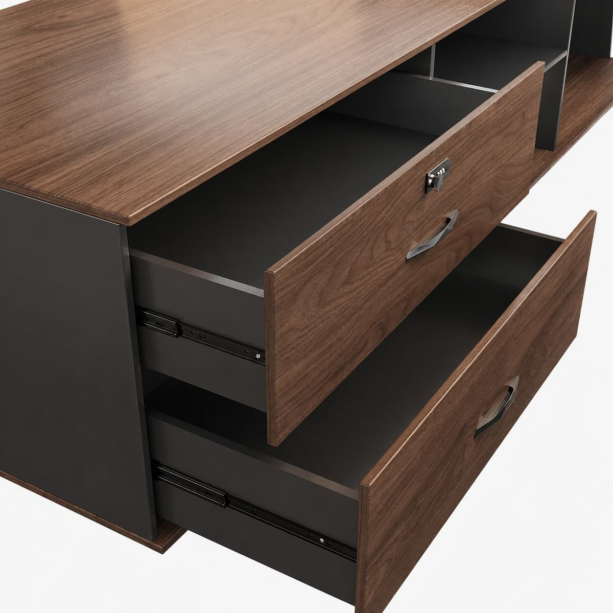 Walnut L-Shaped Executive Desk with Power and Storage – product image 10