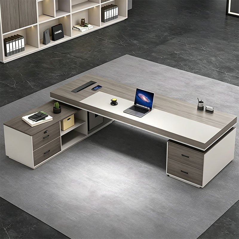 detailed image grey oak l shaped executive desk with side cabinets LBZ K055 2
