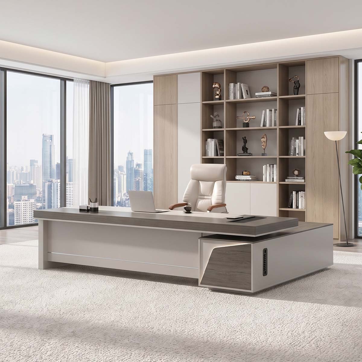 main image grey oak l shaped executive desk with side cabinets LBZ K055 Hauptbild