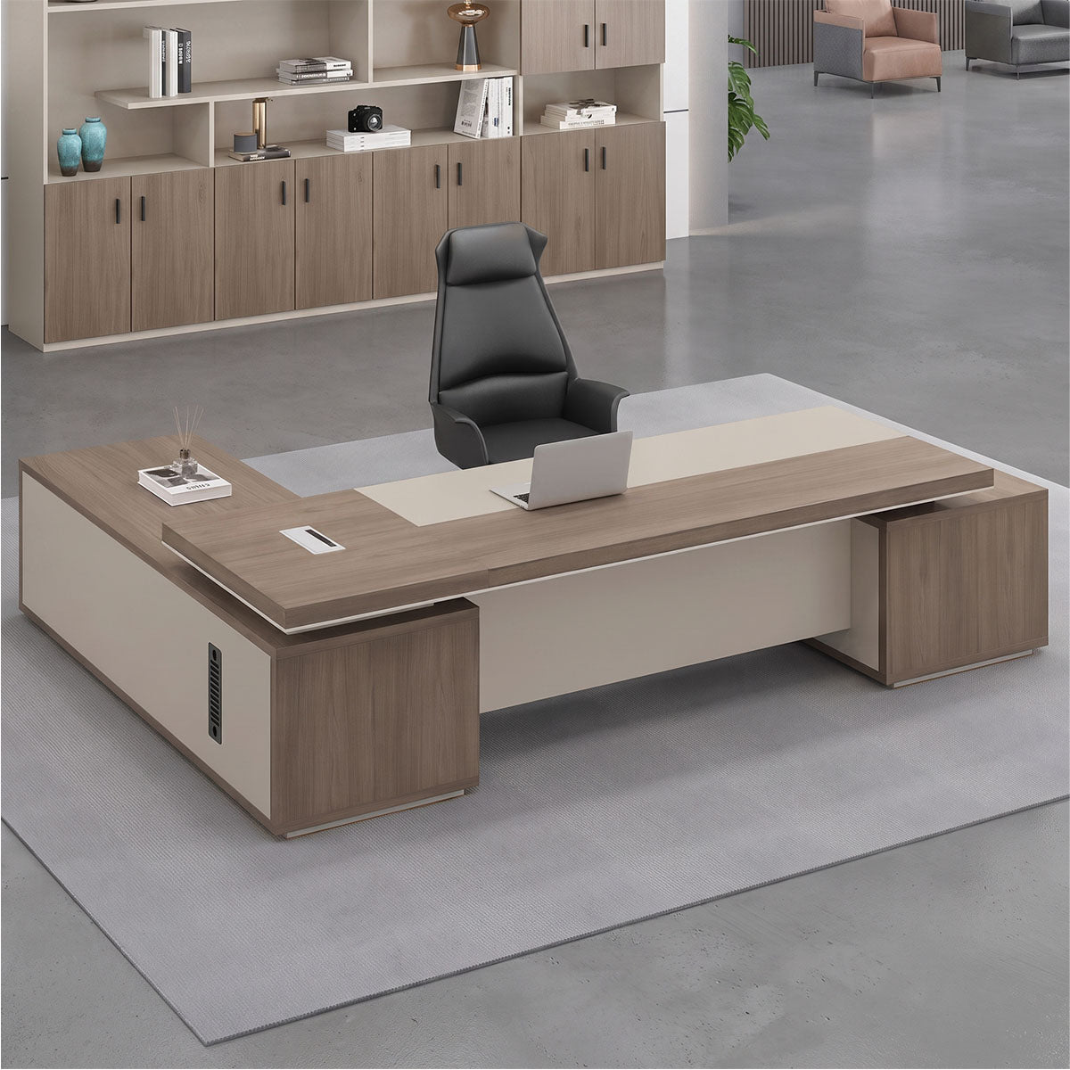 L-förmiger Schreibtisch für Führungskräfte | Schreibtisch aus dunklem Holz mit Stauraum | Kaguyasu Zweitbild