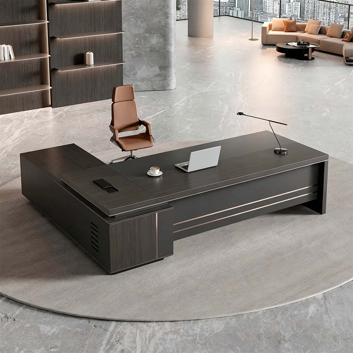 L-förmiger Schreibtisch für Führungskräfte | Schreibtisch aus dunklem Holz mit Stauraum | Kaguyasu Zweitbild